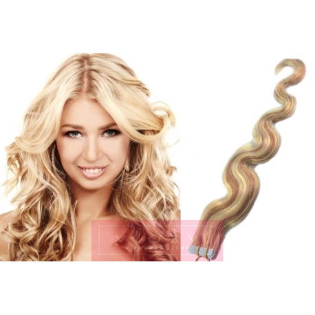 Vlnité vlasy pro metodu Pu Extension / Tape Hair / Tape IN 50cm - platina / světle hnědá